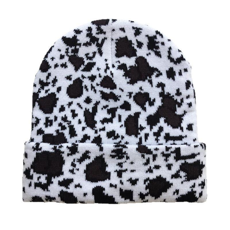 Versatile Cow Jacquard Knit Beanie Black White Warm Windproof Winter Hat