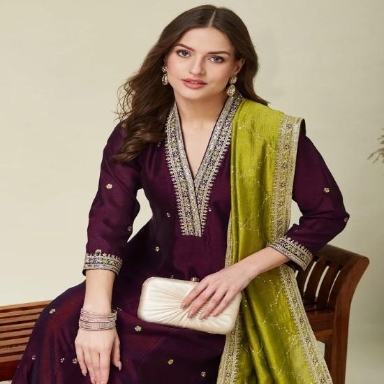Deep Purple Silk Anarkali Kurta Pant Set with Lime Green Dupatta