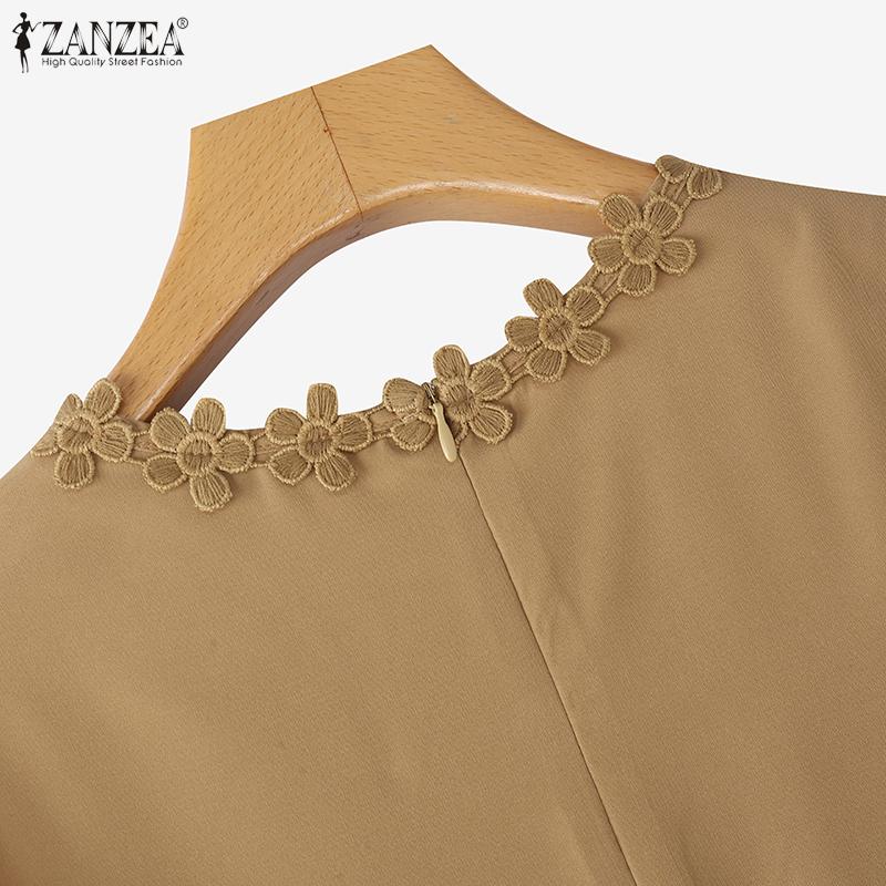 ZANZEA Damen Freizeit Rundhals 3/4 Ärmel Spitze Patchwork Bluse
