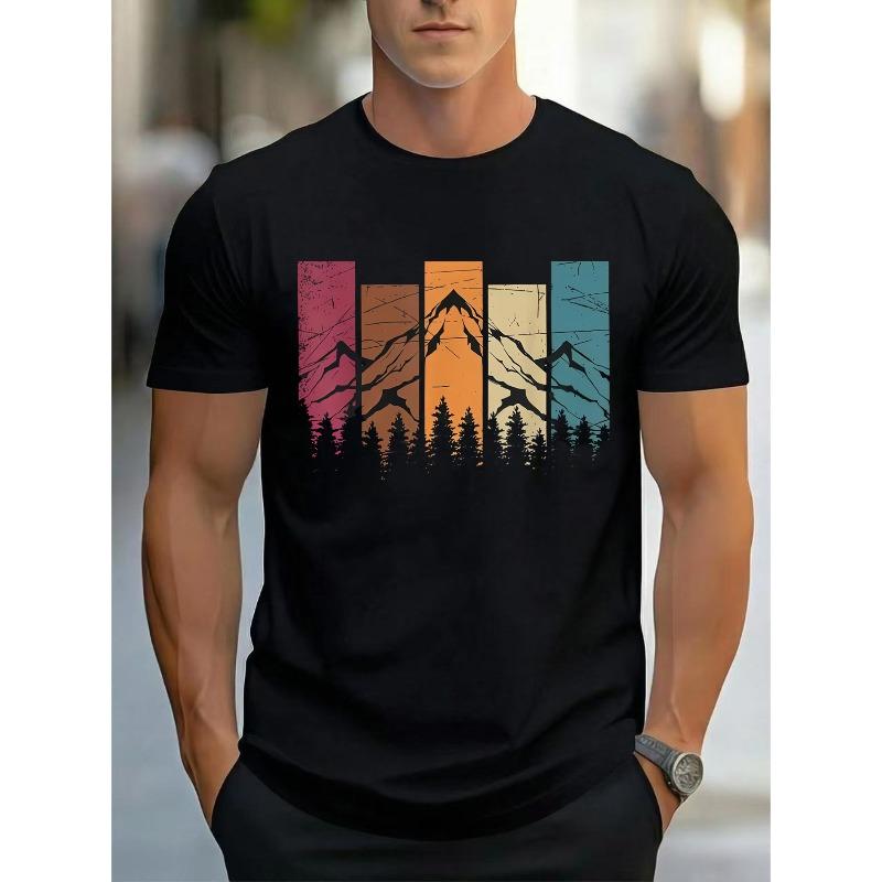 

New Summer Men s Vintage Color-Block Mountain Forest Print Short-Sleeve T-Shirt, Casual Crew Neck Versatile Top 4XL