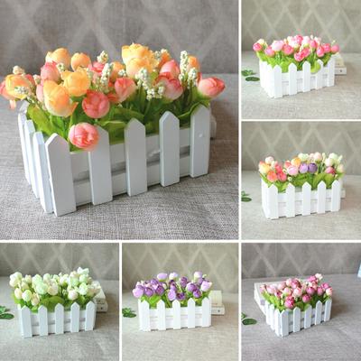 1 Set White Wooden Fence Artificial Flower Floral Holder Home Garden Decor