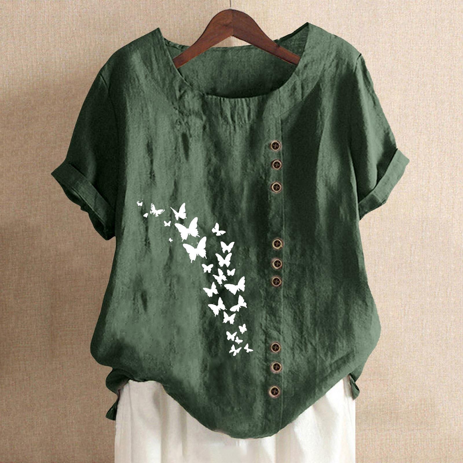 

Женская модная повседневная футболка с круглым вырезом, коротким рукавом, из хлопка и льна, с принтом XXL