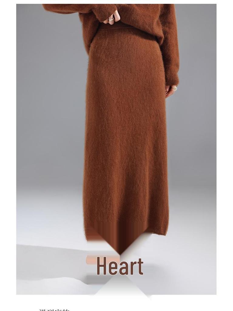 Autumn/Winter 100% Wool Solid Color Women's Slimming Midi Knitted Skirt