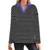 Spring Autumn Women's Striped V-Neck Loose Sweatshirt Lapel Sweatshirt