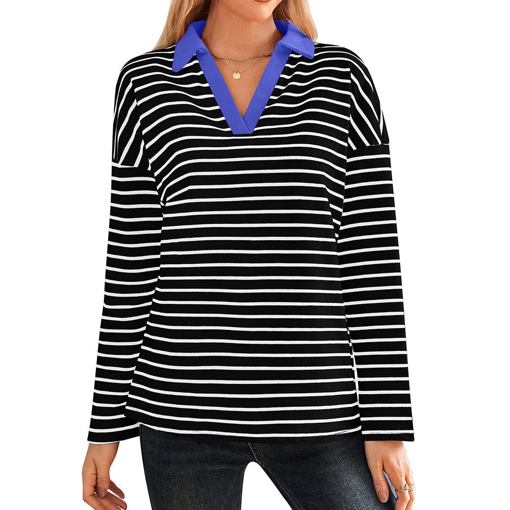 Spring Autumn Women's Striped V-Neck Loose Sweatshirt Lapel Sweatshirt