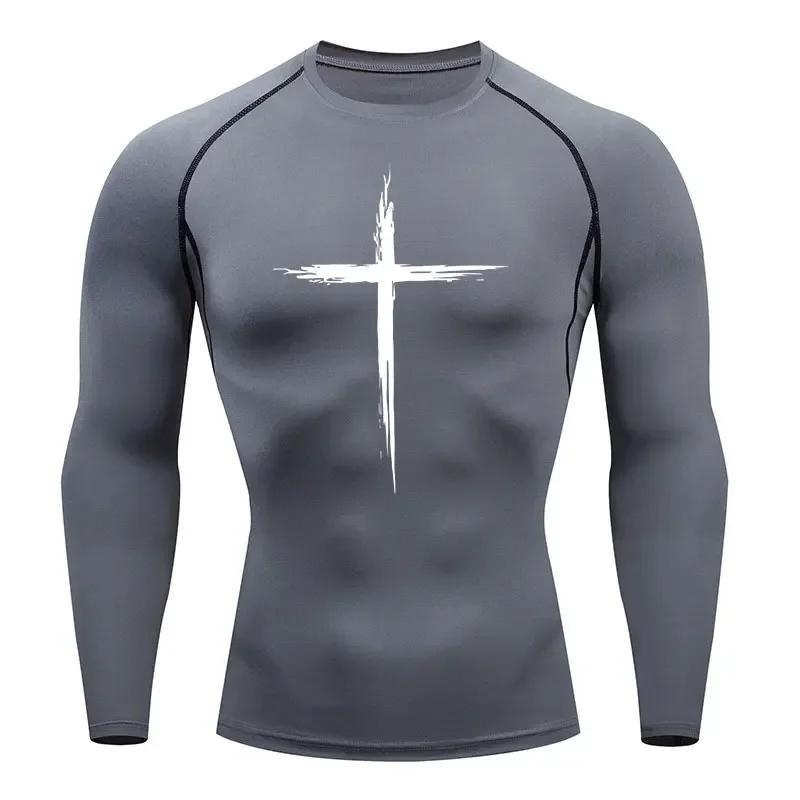Men's Quick Dry Cross Print Sportswear Running Compression Tee Shirt Athletic Muscle Tshirt Fitness Gym Undershirt Sport Top