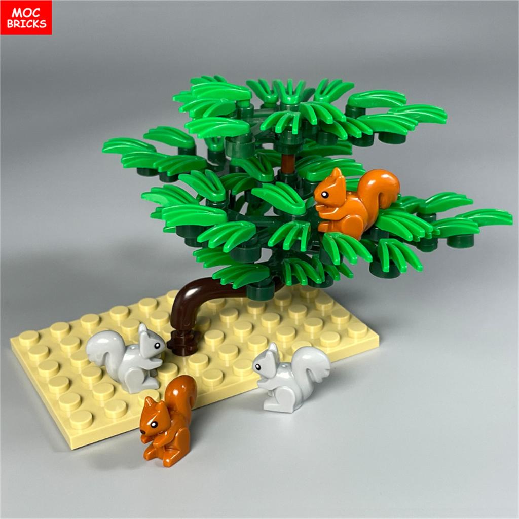 MOC Bausteine Eichhörnchen Tiere Pflanze Kiefer Hütte Gestrüpp Gestrüpp Dschungel Wald See Szene Baustein Kinderpuppen Kinderspielzeug