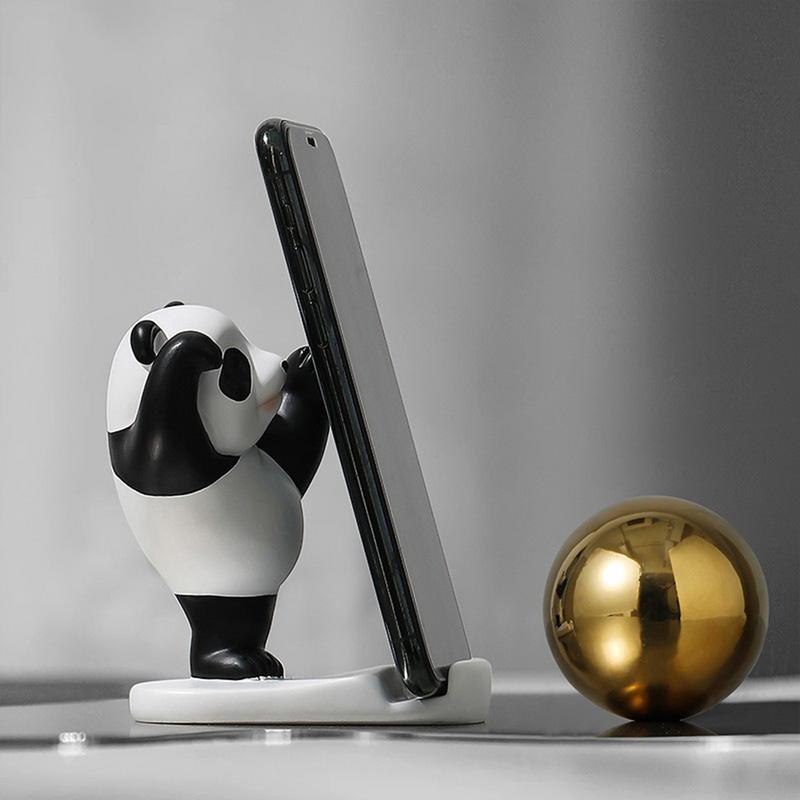 Panda Figurines For Interior Modern Resin Sculpture Statue Cartoon Panda Shape Desktop Phone Holder Home Office Desk Decor