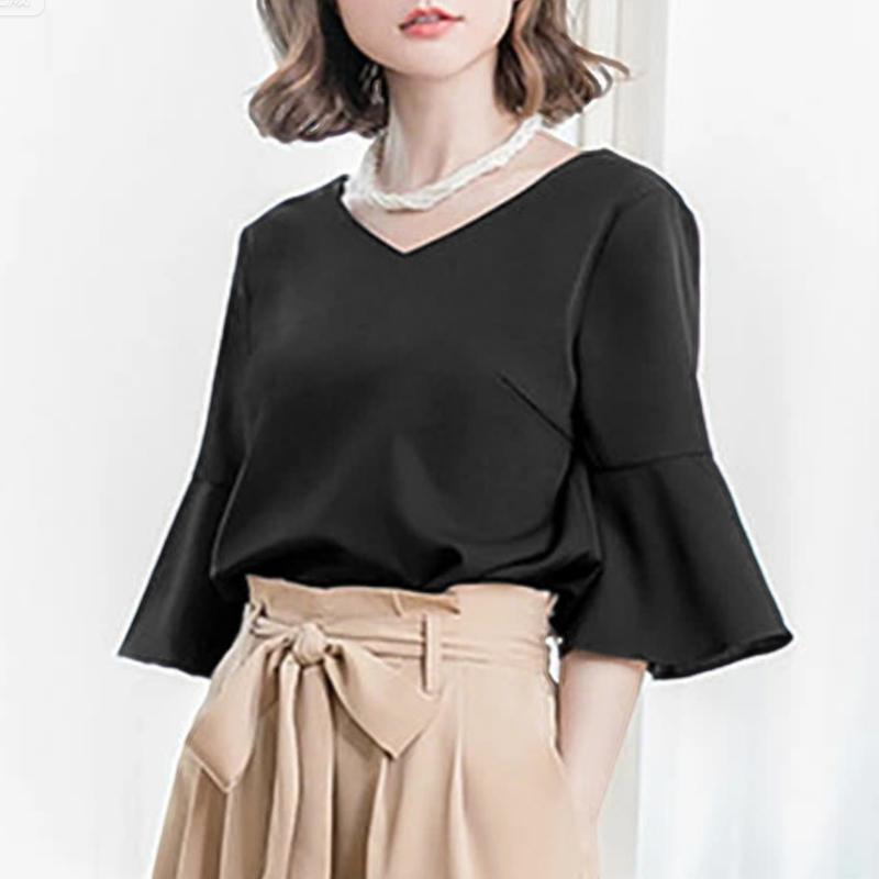 

ZANZEA Женская повседневная блузка с V-образным вырезом, расклешенным рукавом 3/4 и свободного кроя S чёрный