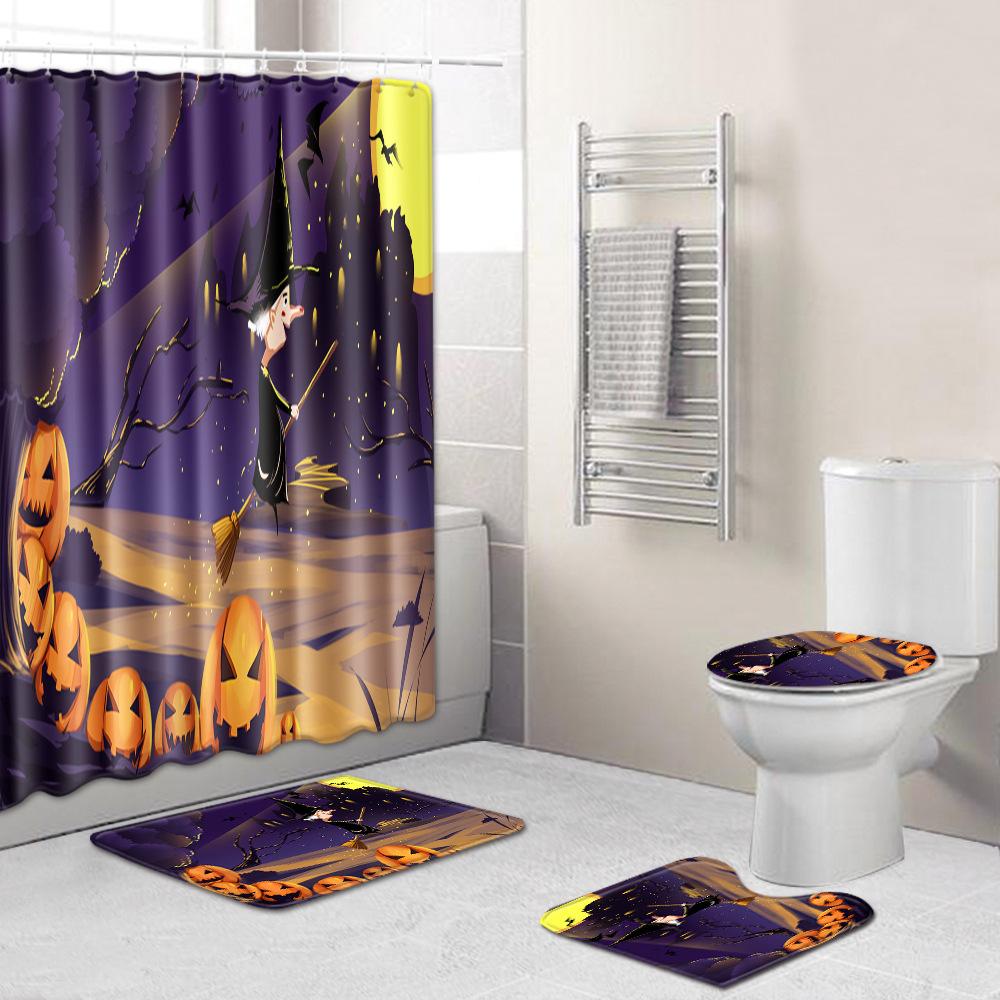 Halloween Shower Curtain Floor Mat Combination Four-Piece Set Bathroom Toilet Carpet Door Mat