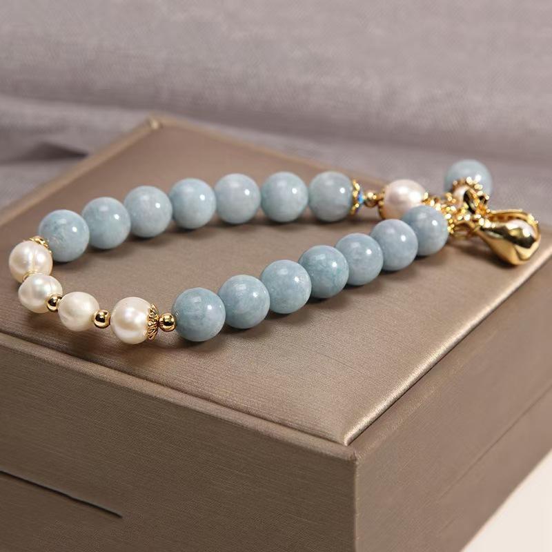 Natural Aquamarine Bracelet, a Stylish And Elegant Design for Women, Featuring a Unique Chinese-Style Accessory with a Bag Charm