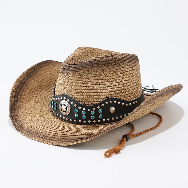 Ethnic Style Straw Woven Western Cowboy Hat, Outdoor Beach Sunshade Sunscreen Hat, Summer Travel Photo Big Edge Straw Hat