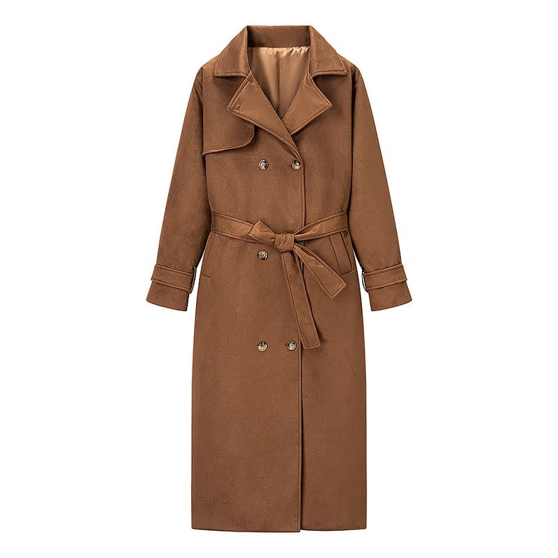 

За Осень Новая Женская одежда 2025 Западный Стиль Мода Темперамент Двубортное Лацкан Длинное Пальто Тренч Верхняя одежда Brown L
