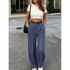 Womens High-Waisted Wide-Leg Trousers 2026 Flowy Straight Cut Casual Pants Grey Mint Navy Fog Blue Camel