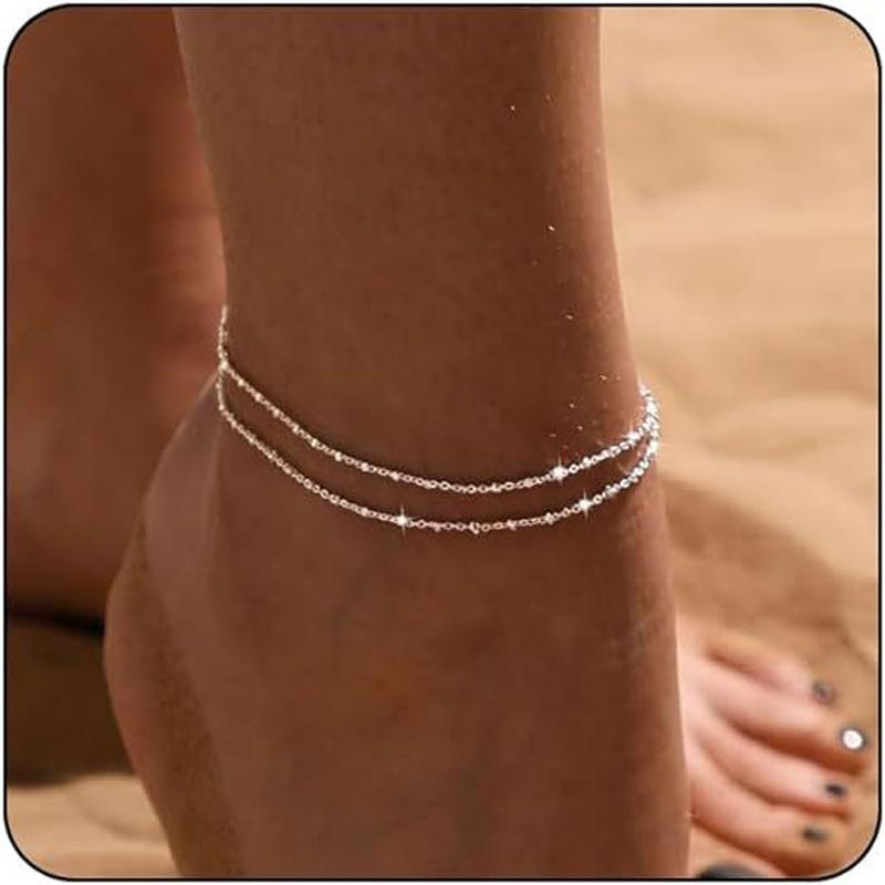 Wasserdichte Fußkettchen für Damen, 14K Gold Silber plattiert, mehrlagige Perlen Fußkettchen Armbänder für Damen Mädchen Sommer Schmuck Geschenke