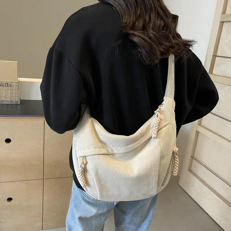 Women Casual Corduroy Shoulder Bag Japan Style Versatile Crossbody Bag Large Capacity Classes Solid Color Hobo Commuter Bag