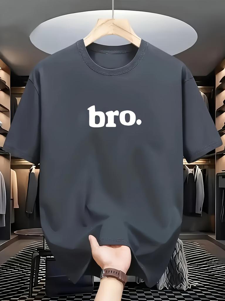 Men's Fashion Trend Simple "Bro" Print Crew Neck T-Shirt, Casual and Comfortable Travel Apparel, Suitable for Fashion Enthusiasts,