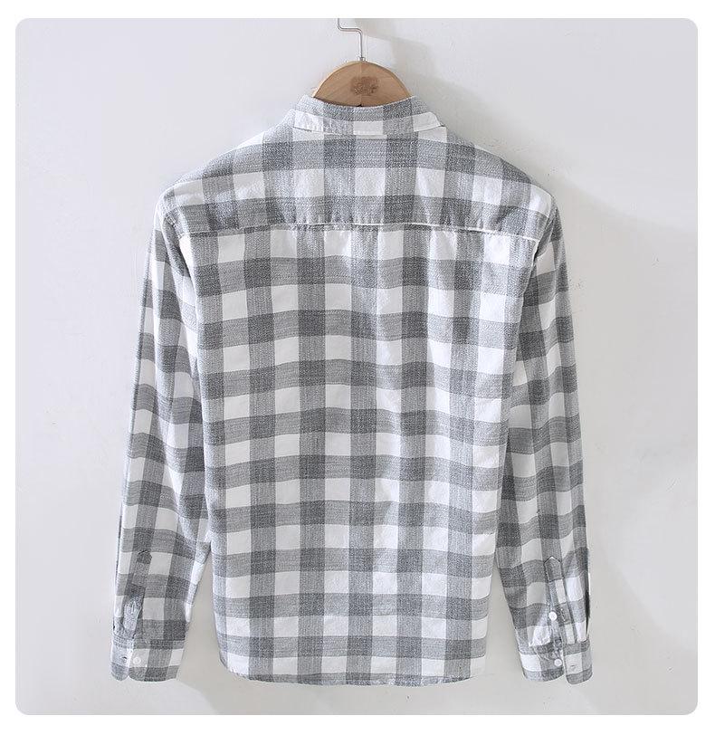 913 S/S Fresh Plaid Long Sleeve Shirt - Men's Casual Loose Fit Square Collar