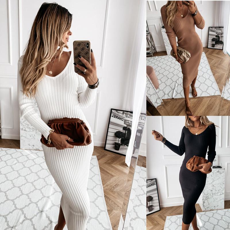 Women's Ribbed Knit Midi Dress V-Neck Long Sleeve Bodycon Casual Party Clubwear Slim Fit Solid Color Sheath Dresses