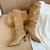 Korean Retro Suede Pointed Toe High Heel Pleated Pile Boots Women's 2025 New Buckle Skinny Heel High Boots