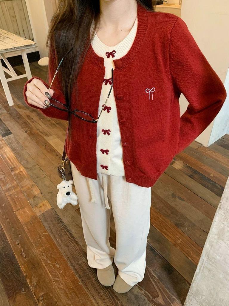 Women's Korean Sweet Bow Knot Two-Piece Cardigan Sweater - Autumn/Winter Brightening Top