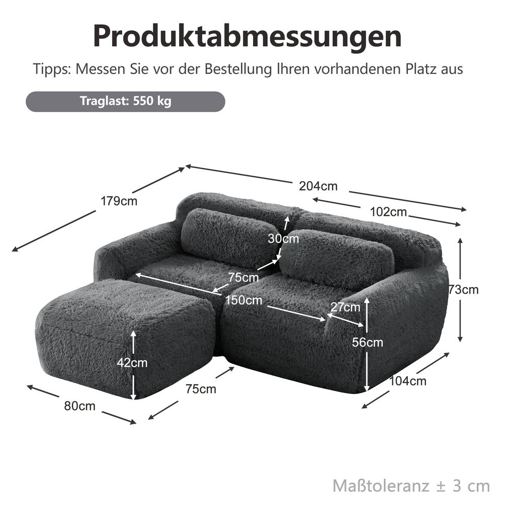 L-shaped 2-seater sofa, soft plush fabric, modular, with cushions. Soft, elastic foam, no assembly required, suitable for small living rooms, Grey