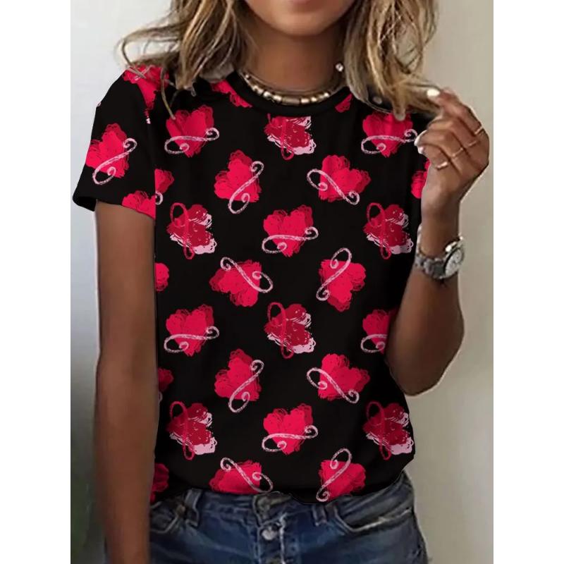 Fashion Women's Rose Love Short Sleeve Crew Neck T-Shirt 3D Rose Love Color Printing Crew Neck Short Sleeve
