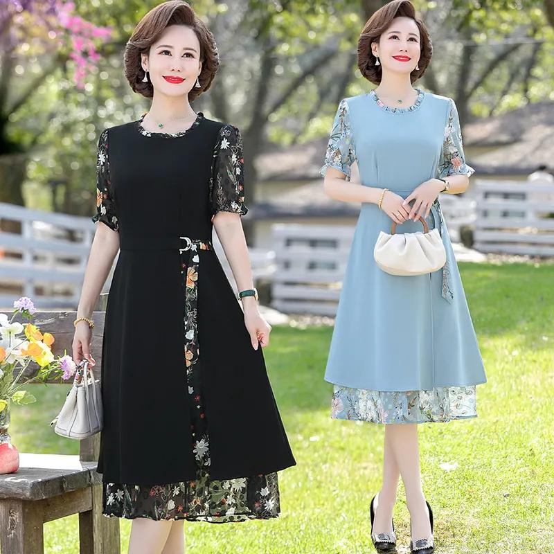 Women's Summer Dress Plus Size Temperament Short Sleeved Chiffon Dress, Middle-aged and Elderly Elegant Belly Covering Skirt