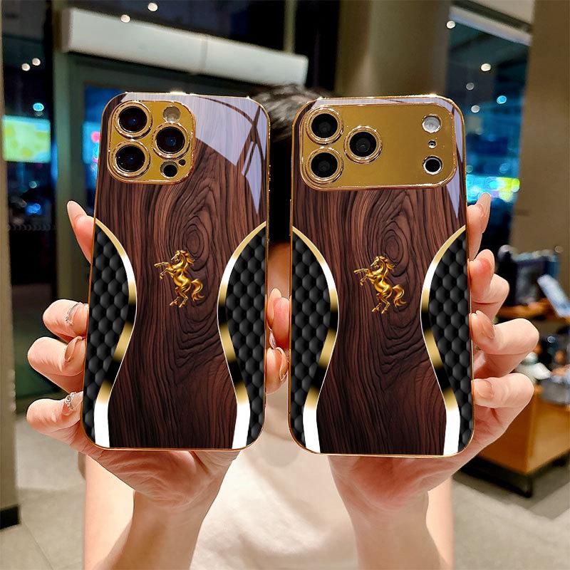 Quilted Gold Horse Electroplated Golden Phone Case For iPhone 18 17Air 17 16 15 14 13 12 11 Pro Max Plus 16E XR 7 8  Glass Cover