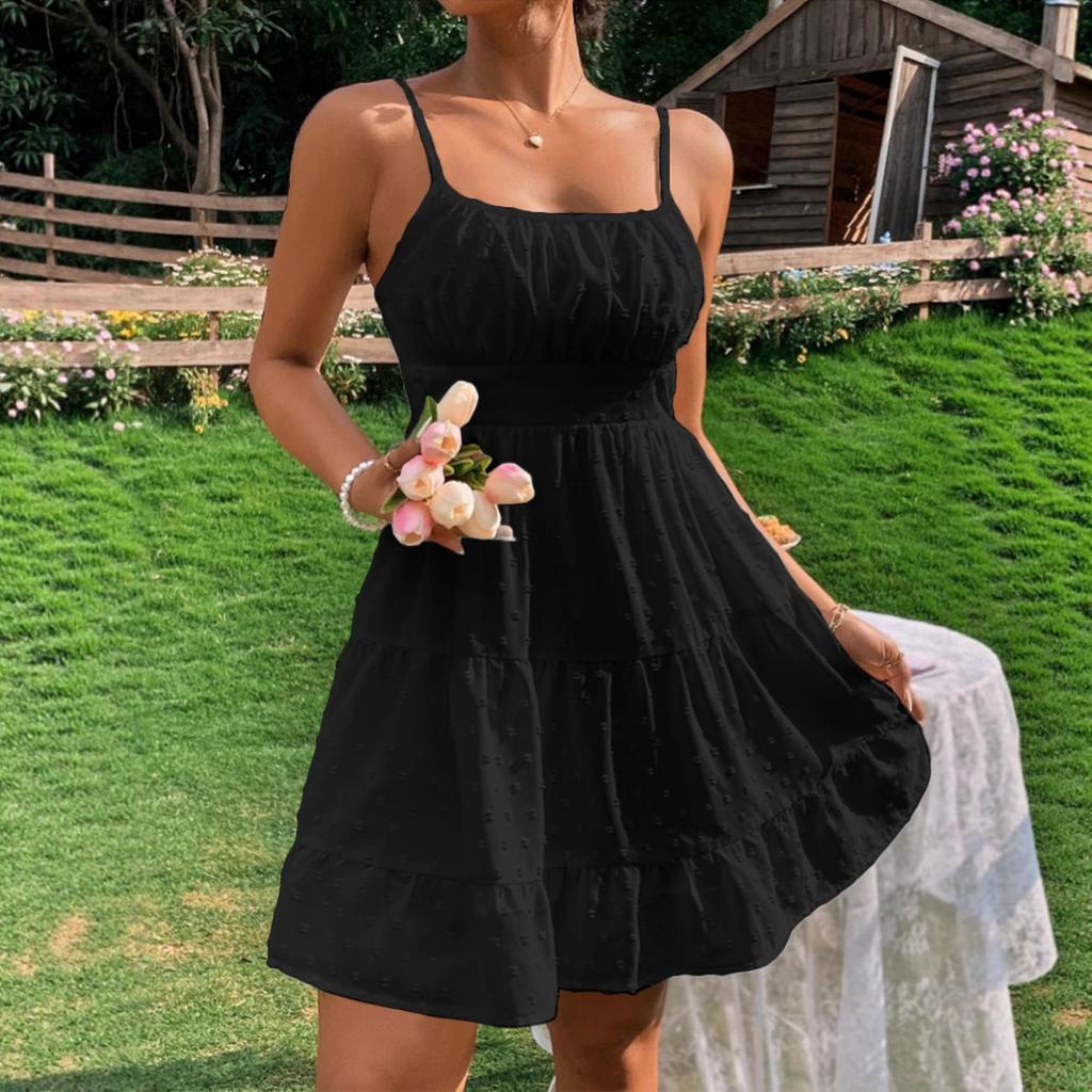 Women's Swiss Dot Spaghetti Strap Mini Dress Square Neck Tiered A Line Sleeveless Casual Summer Sundress