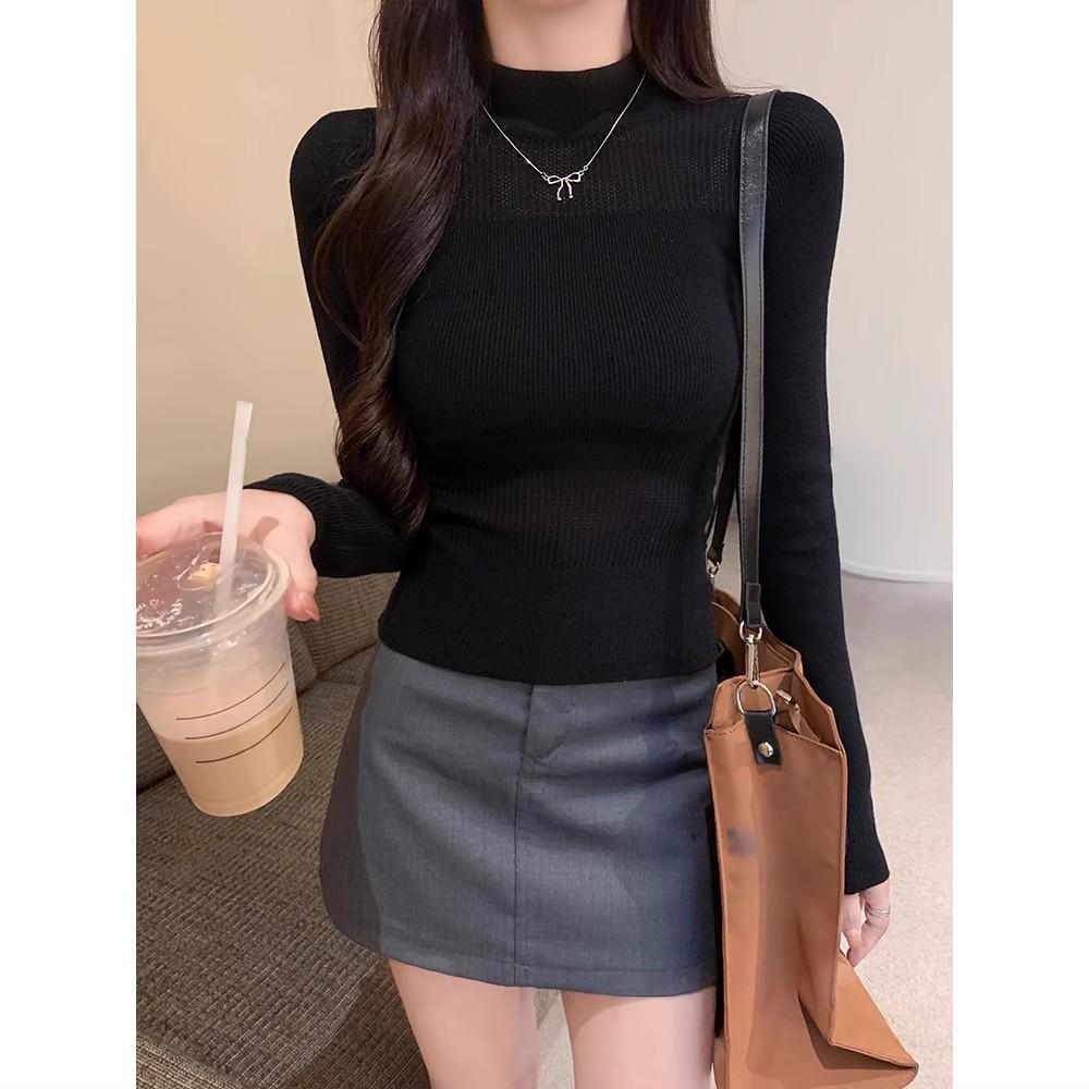 

Женский весенний вязаный топ с ажурным узором: Тонкий свитер с длинным рукавом и полувысоким воротником One Size, High Elasticity, 70-125 Jin