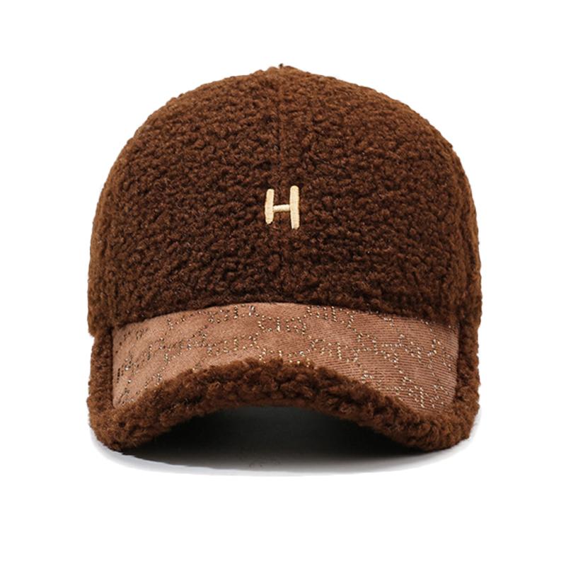 Autumn Winter Lamb Wool Baseball Cap Plush Warm Cap Large Head Circumference Embroidered Letter Cap
