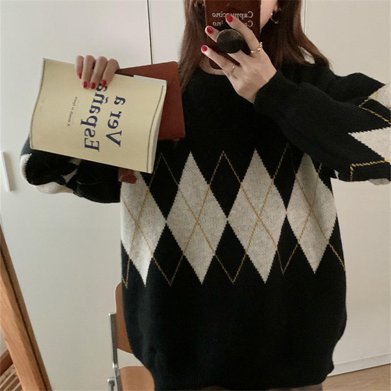 2023 Trendy Women's Diamond Pattern Sweater - Autumn/Winter Lazy Chic Elevated Design