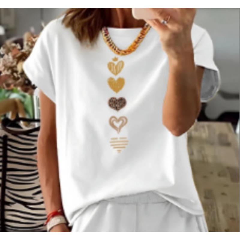 Womens Black Short Sleeve T Shirt With Gold Heart Print Casual Loose Fit Round Neck Tee
