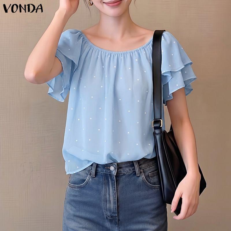 VONDA Summer Women Casual O Neck Polka Dots Short Sleeve Blouse Tops