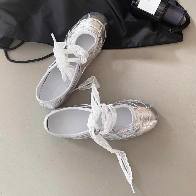 French stunning lace-up ultra-soft leather little white shoes women's round head casual versatile soft-soled ballet Mary Jane shoes women
