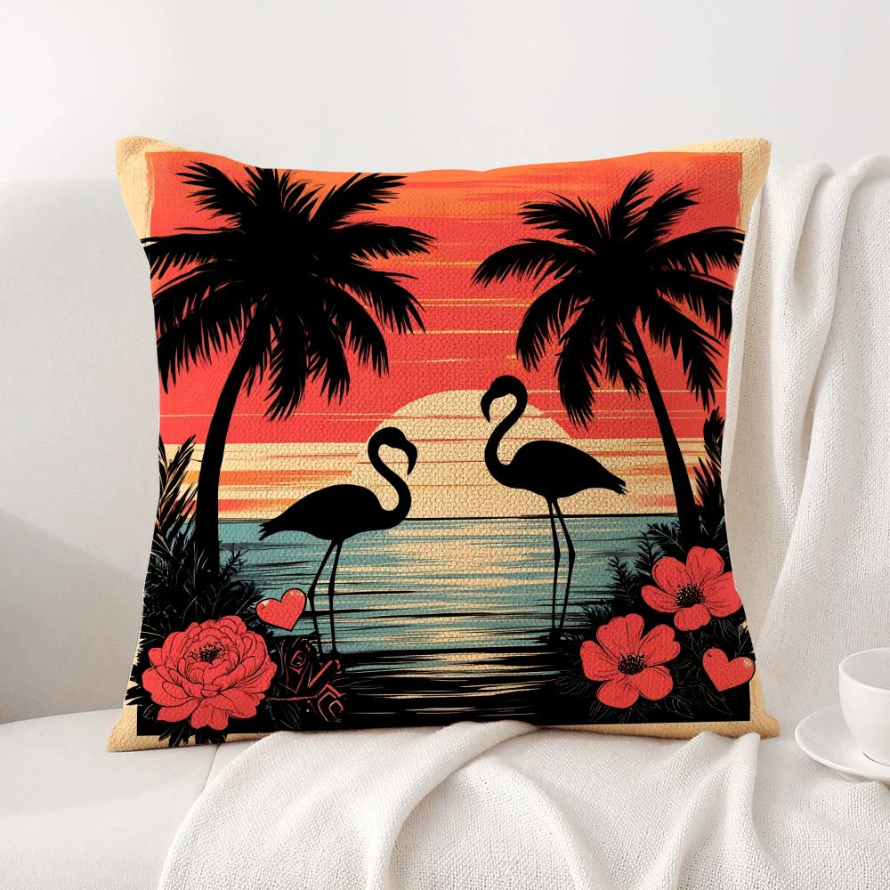 Tropical Palm Flamingo Cushion Cover Natural Linen Organic Fabric Double-Sided Printing Sofa Home Decor Gift Pillow Cover