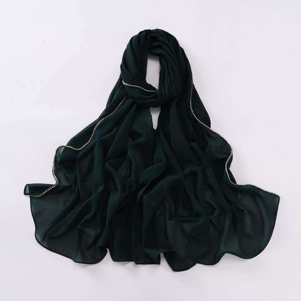 New Pearl Chiffon Hijab Scarf Copper Chain With Black Crystal Pearls Women Muslim Fashion Hijabs For Women Ramadan Turban Femme