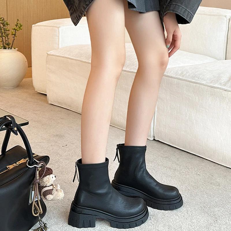 Street Style Women Stretch Modern Boots Fashion Platform Short Booties Ladies Elegant Thick Heel Shoes