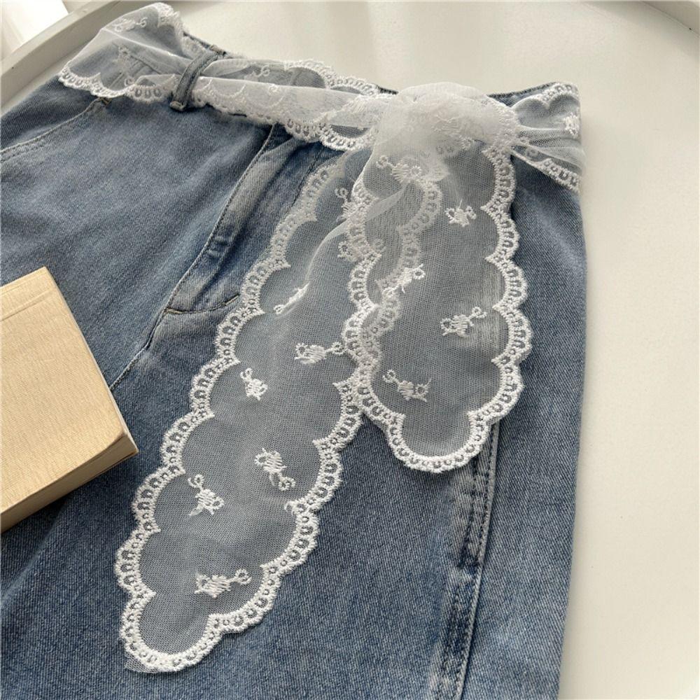 INS Style White Sweet Lace Belt Bow Tie Waist Decoration Bohemian Waist Chain Flowers Embroidery Neck Scarf Women Accessories