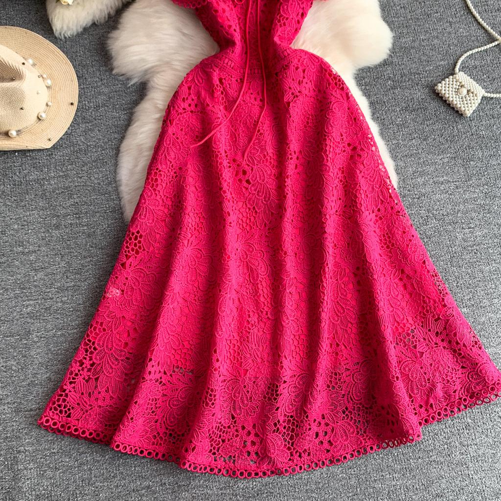 Elegant Lace Hollow Out Long Dresses Women's Holiday Short Sleeve Cape Embroidery Evening Party Summer Dress