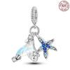 Genuine Copper Starfish Fishtail Blue Pendant Piece Charm Suitable For Authentic Pandora Charm Decorations Bracelets Women Jewelry Creation
