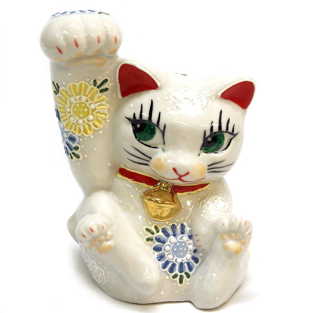 Stylish Kutani Ware Maneki Neko Figurine with Right Hand and Strong from Waza no Perfect for opening a or any Arm, White, Kura. business, birthdays,