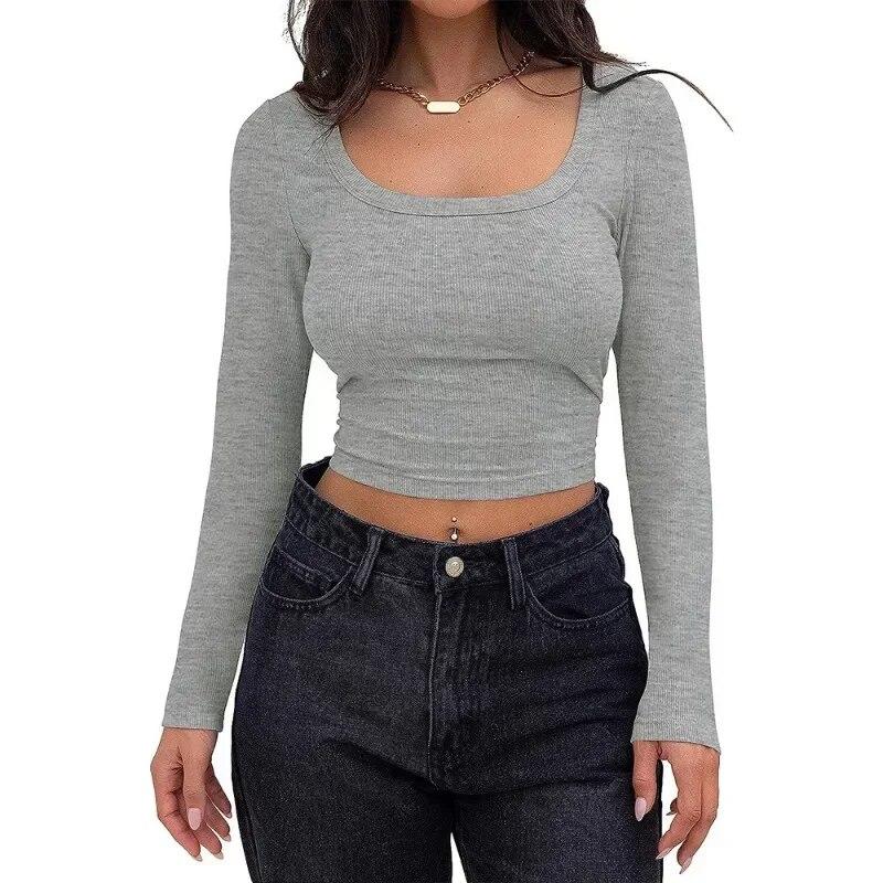 Podzimní Krátké tričko Slim Fit Žena Jednobarevné Dlouhý rukáv Sexy Dámské tričko se čtvercovým výstřihem Módní Dámské Ležérní Pletené trička Topy 30288