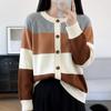 Women's Knitted Sweater with Round Neckline, Color-blocked Stripes and Multi-color Knit Cardigan Coat Top