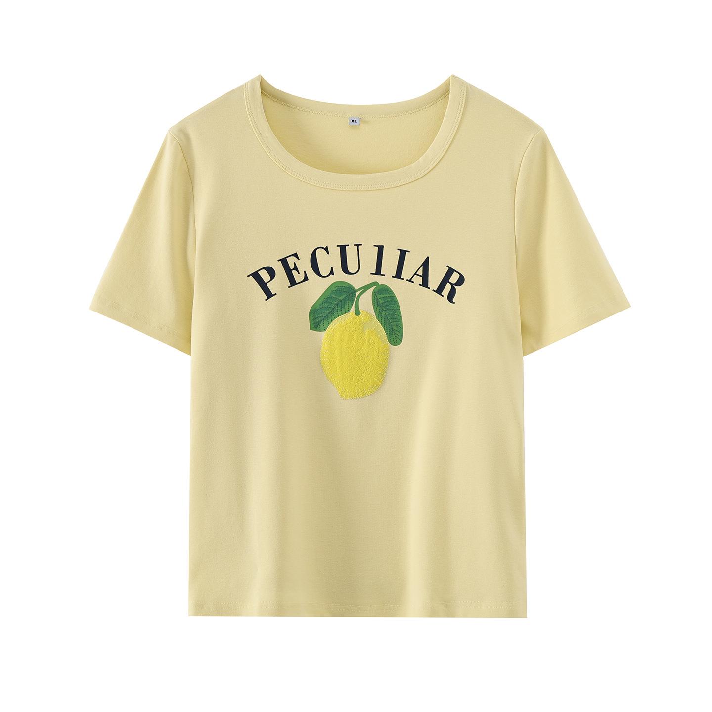 

Korean Style Lemon Print Plus Size Women s Summer T-shirt - Short Sleeve Casual Top XL (65-75 kg) жовтий
