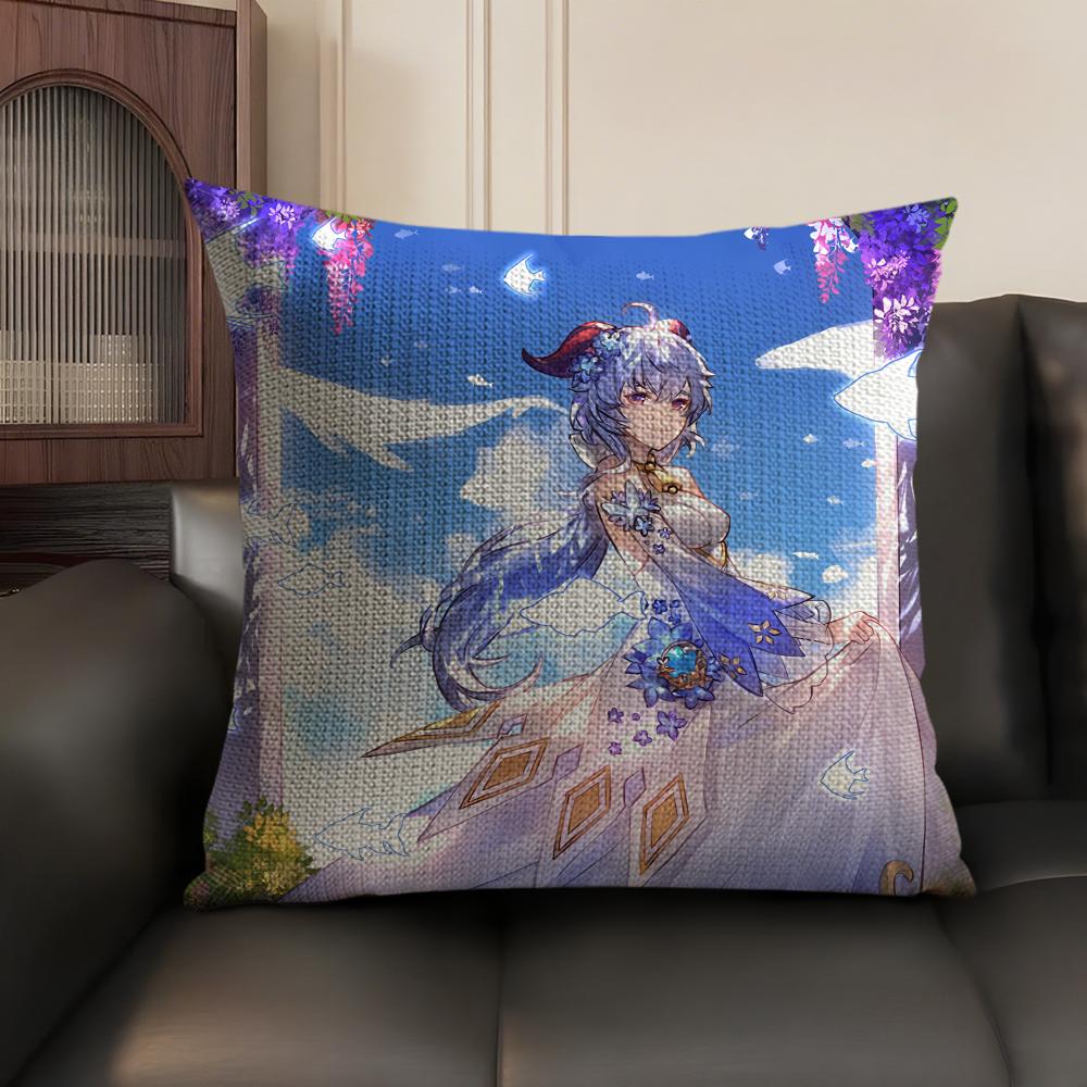 Ganyu Genshin Impact Cushion Cover Natural Linen Organic Fabric DoubleSided Printing Sofa Home Decor Gift Pillow Case