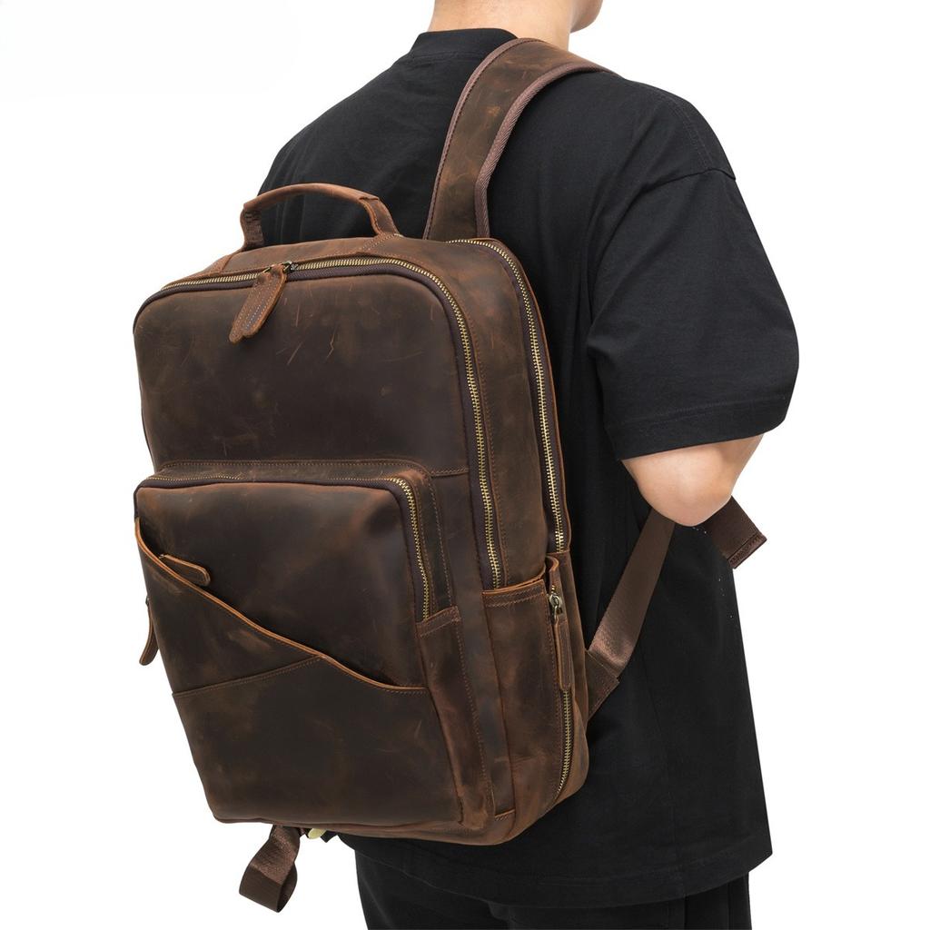 Men's Computer Backpack, Leather Large-capacity Men's Bag, Business Commuting Cowhide Backpack