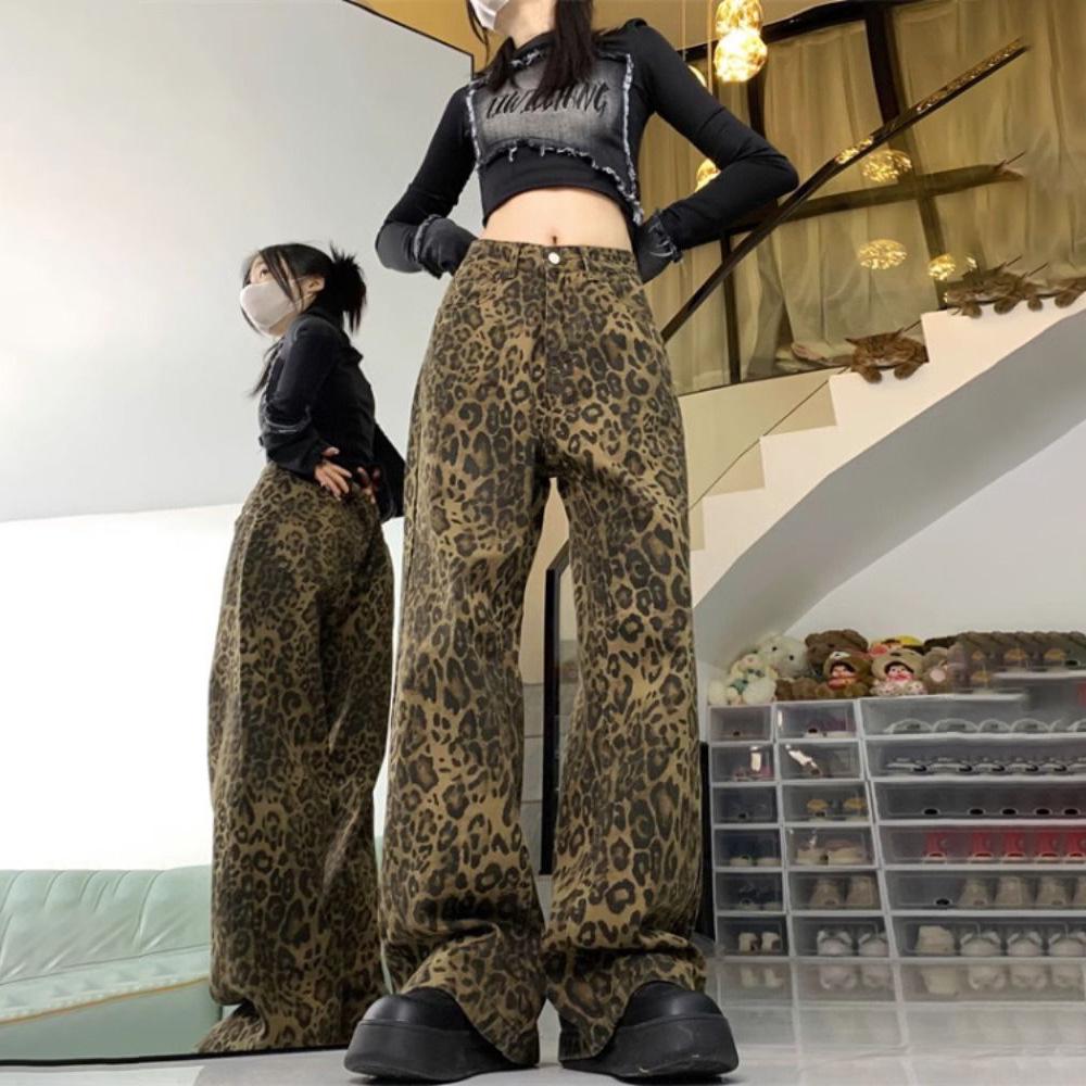 Unisex Retro Leopard Print Wide-Leg Jeans – Trendy Summer Loose-Fit Casual Pants with Belt