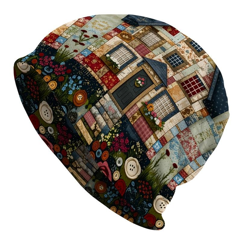 A Casual Outdoor Style Knitted Hat Featuring a Patchwork Cottage Design - Colorful Fabric House Print, Durable Knitted Material, Comfortable Elastic F